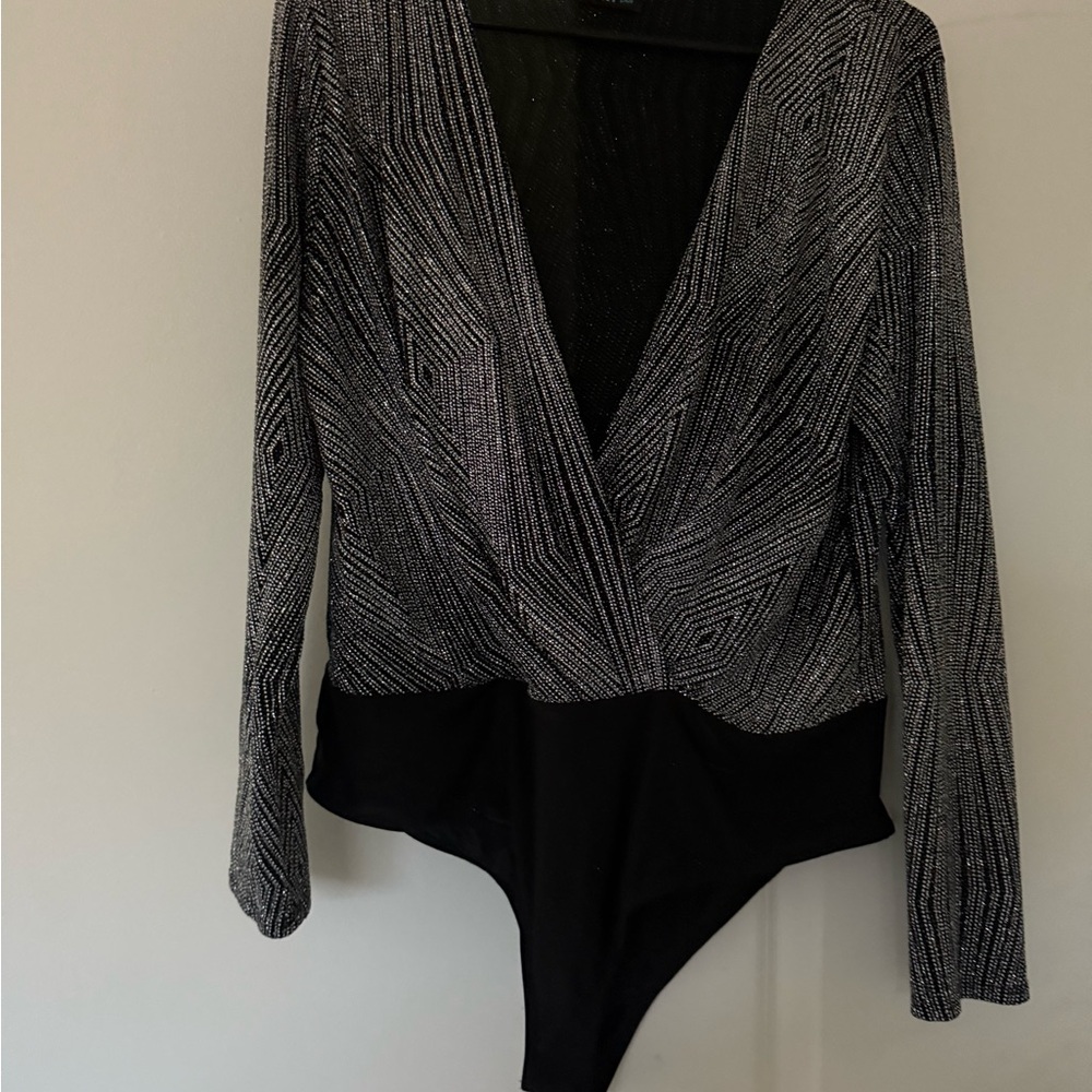 Black and Gray Long Sleeve Wrap Bodysuit
